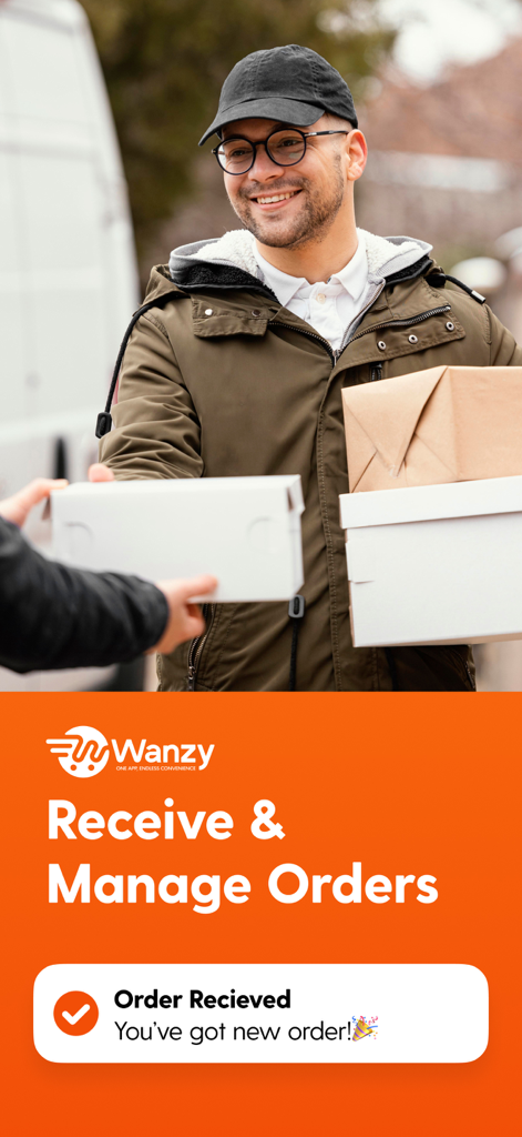 Wanzy Partner - A smiling delivery man holding packages with a Wanzy Partner notification for receiving and managing new orders.