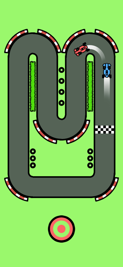 Top down view of a two player racing mini game with a red car and a blue car on a track