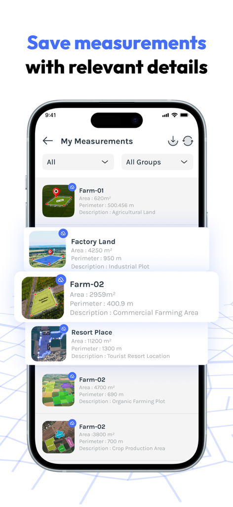 A mobile app screen displaying a list of saved GPS land measurements with area and perimeter details.