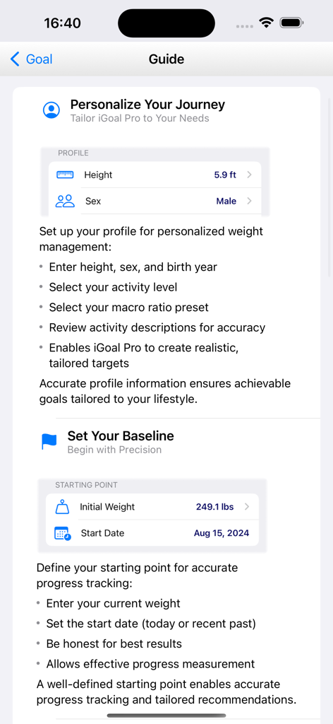 iGoal Plus - Setup guide in the iGoal Plus app for personalizing a health profile and setting a starting weight baseline.