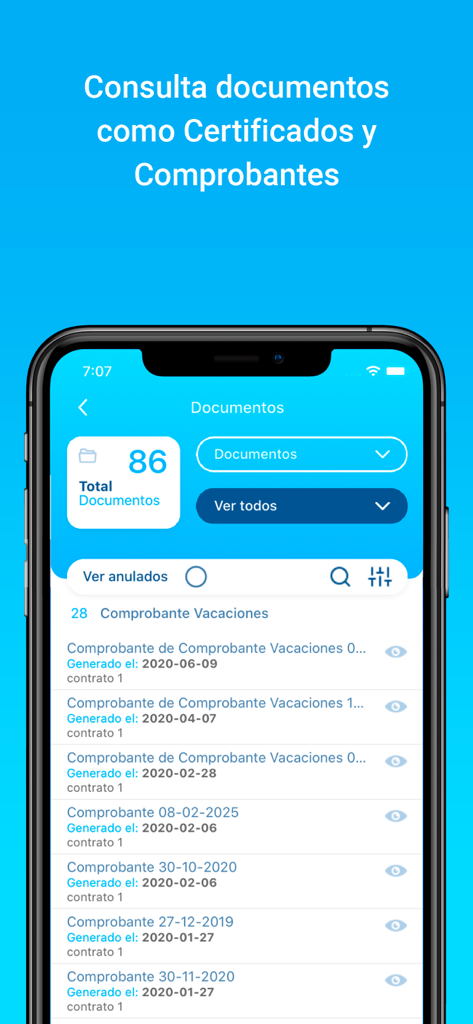 Rex+ - Una pantalla móvil que muestra la sección de documentos del portal Rex plus HR con una lista de comprobantes de vacaciones de empleados