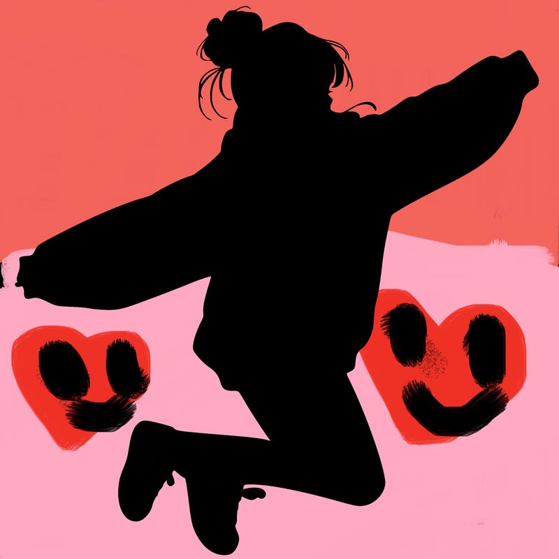 realistic girl jumping with a bun and oversized sweatshirt