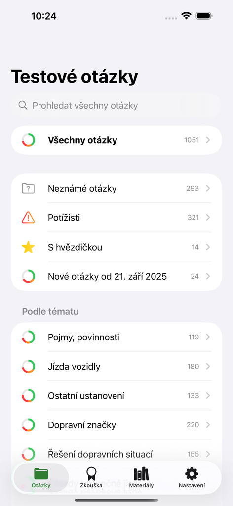 Menu of driving test questions sorted by topic