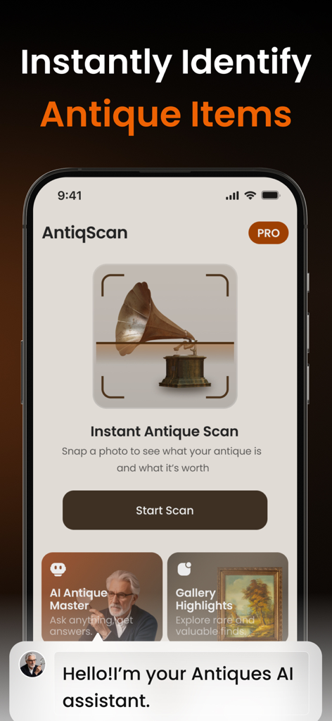 アンティーク鑑定＋アプリのインターフェースが、ヴィンテージ蓄音機の画像でアンティークアイテムを特定するためのインスタントスキャン機能を示しています。