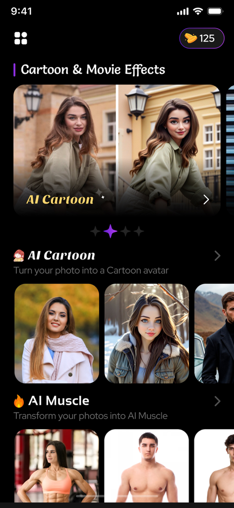 AI Muscle Generator - BodyGoal - 写真用のAI漫画および筋肉フィルターを備えたBodyGoalアプリのインターフェース