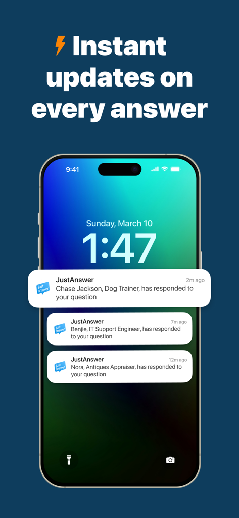 JustAnswer: Ask for help, 24/7 - Smartphone lock screen with JustAnswer notifications from various experts