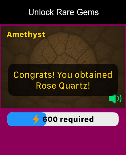 Mad Mining Machines game screen showing a notification for obtaining Rose Quartz and a progress bar for energy required to unlock rare gems