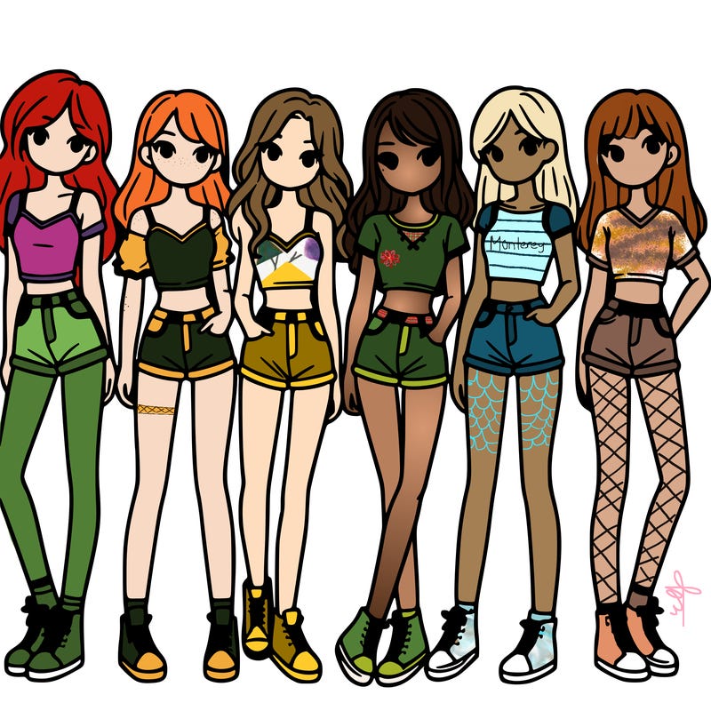 a group of girls wearing crop tops and shorts