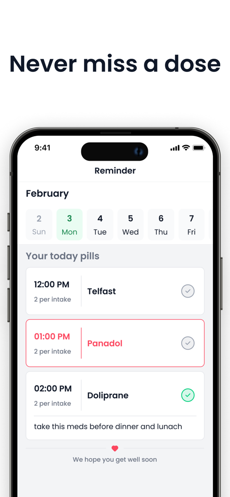 Chefaa mobile app medication reminder screen showing a daily pill schedule with specific times and dosages