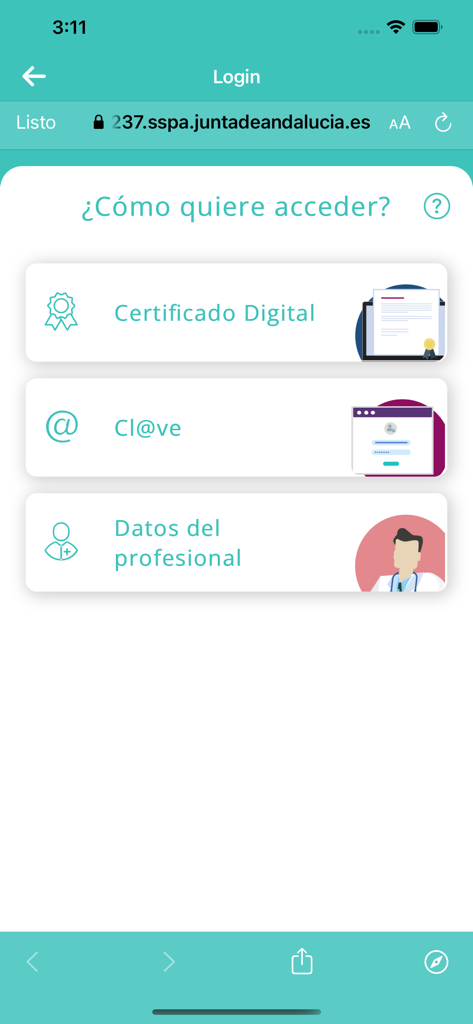 Pantalla de inicio de sesión de la app mGerhonte mostrando opciones de autenticación, incluyendo Certificado Digital y Datos Profesionales