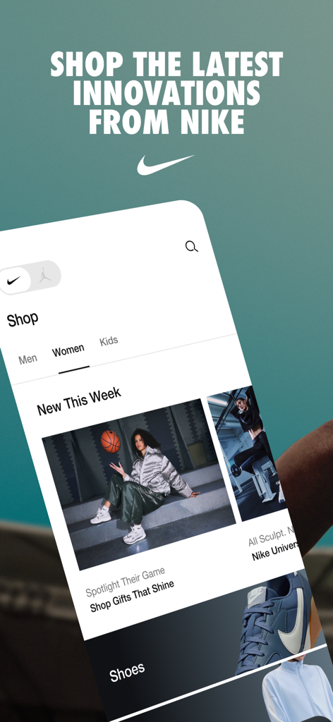 Benutzeroberfläche der Nike App mit dem Shop-Bereich für Damenbekleidung und -schuhe