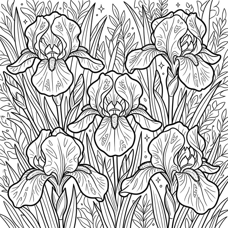 Immerse yourself in the delicate charm of Dwarf Bearded Irises with this exquisite coloring page. Featuring intricate floral designs, it's perfect for a mindful coloring experience.