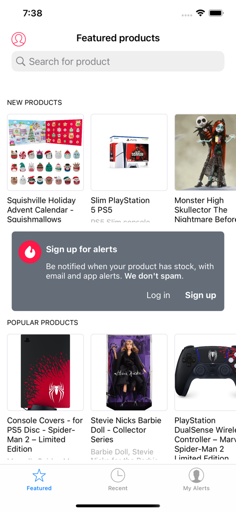 HotStock app interface showing a list of featured hard to find products including a PlayStation 5 and collector dolls