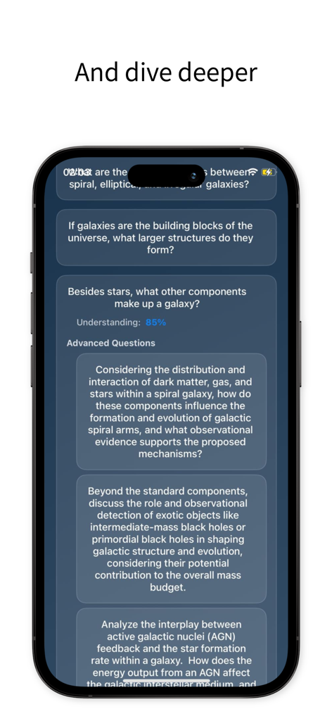 A mobile interface showing advanced study questions about galaxies and an 85 percent understanding level in the Feynman AI app