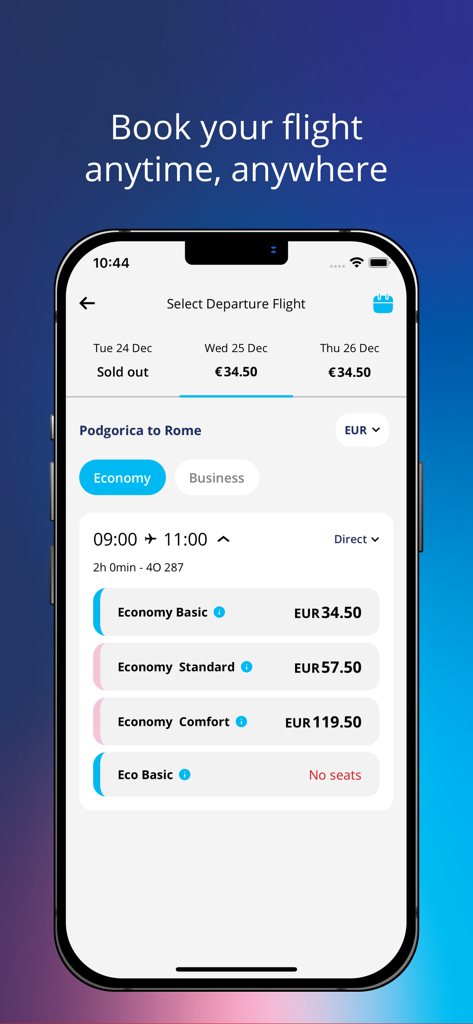 Air Montenegro - Air Montenegro mobile app interface showing departure flight selection from Podgorica to Rome with various economy fare options and prices