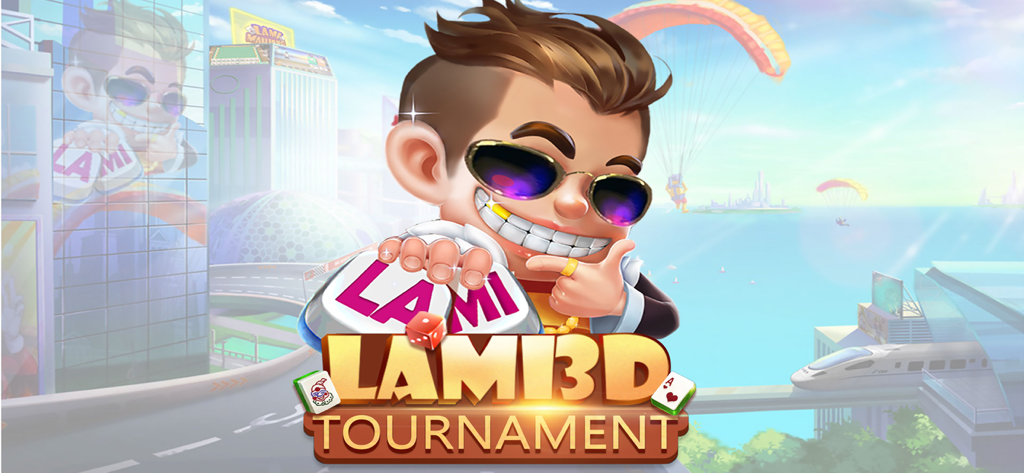 Lami 3D Tournament promotional banner featuring a 3D character with sunglasses and gold teeth against a modern city background