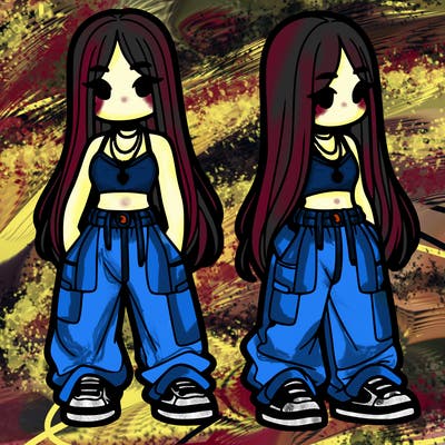 girl in baggy pants crop top and long hair