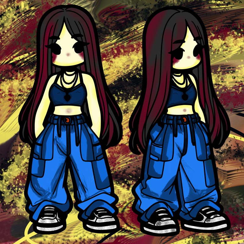 girl in baggy pants crop top and long hair