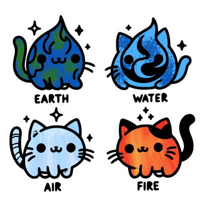4 cats that represent the different elements, earth, water, air, and fire
