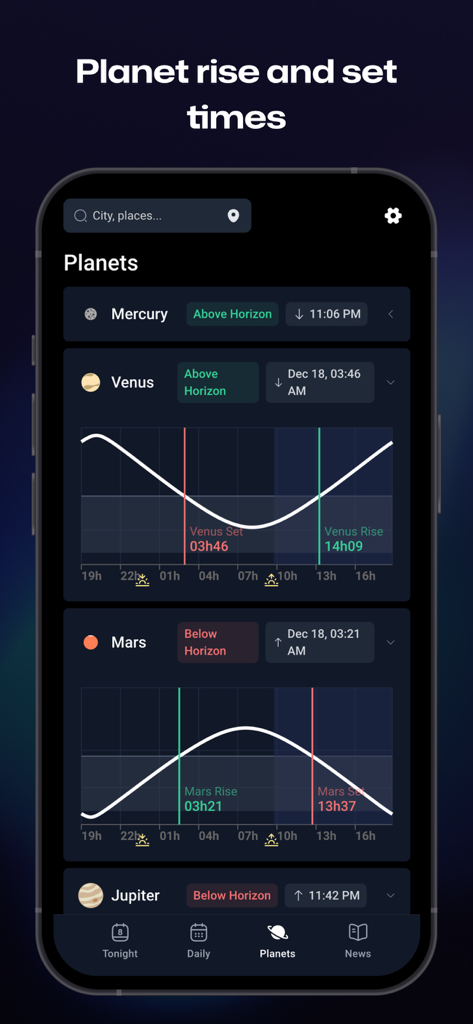 Ouranos: Clear Sky Forecast - Ouranos app interface displaying detailed rise and set time graphs for Venus and Mars.