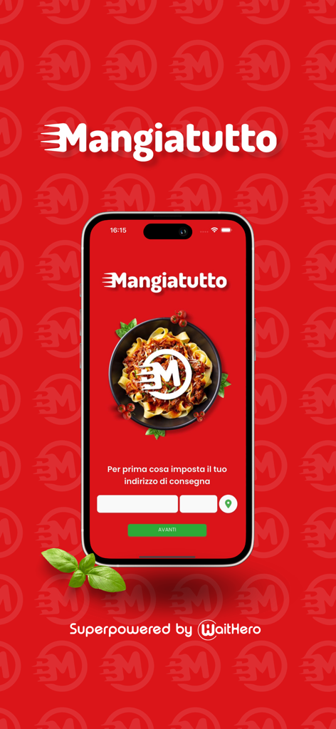 Mangiatutto Delivery app welcome screen with a bowl of pasta and address entry field