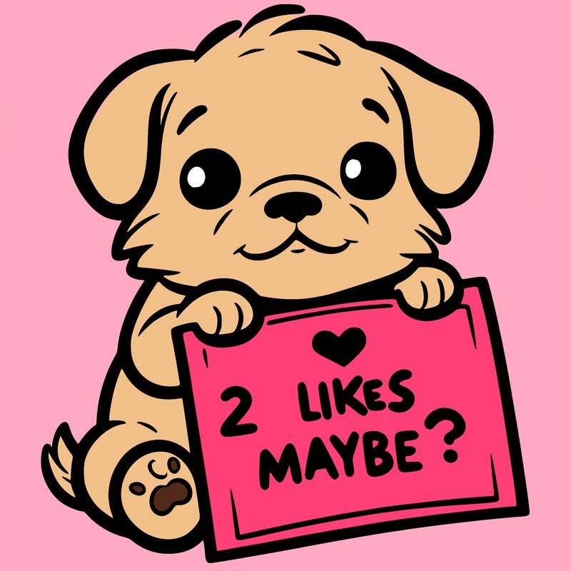 a puppy holding a sign that says 2 likes maybe?