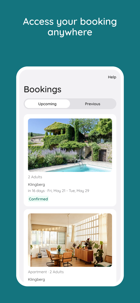 e-domizil - Écran de l'application e-domizil affichant les réservations de locations de vacances à venir avec des images de propriétés et des détails de réservation.