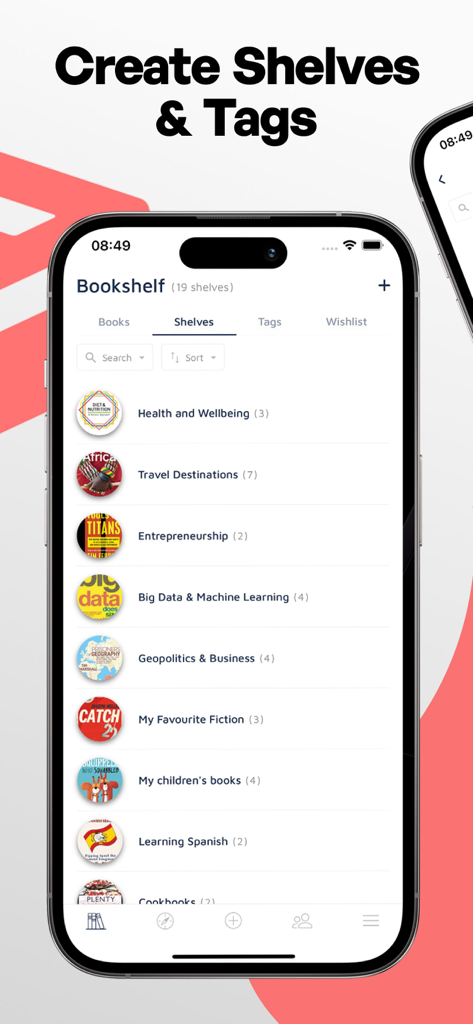 Bookshelf-Your virtual library - Interfaz de la aplicación móvil que muestra varias estanterías virtuales para organizar una colección de libros personal.