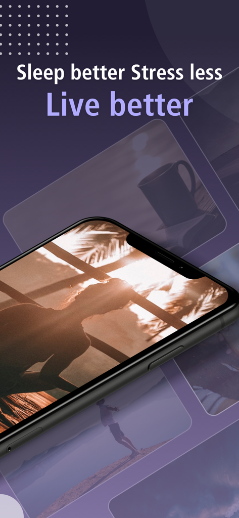 Now Meditation app promotional screen showing the slogan Sleep better Stress less Live better with lifestyle imagery