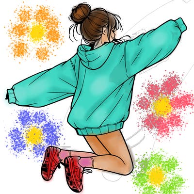 realistic girl jumping with a bun and oversized sweatshirt
