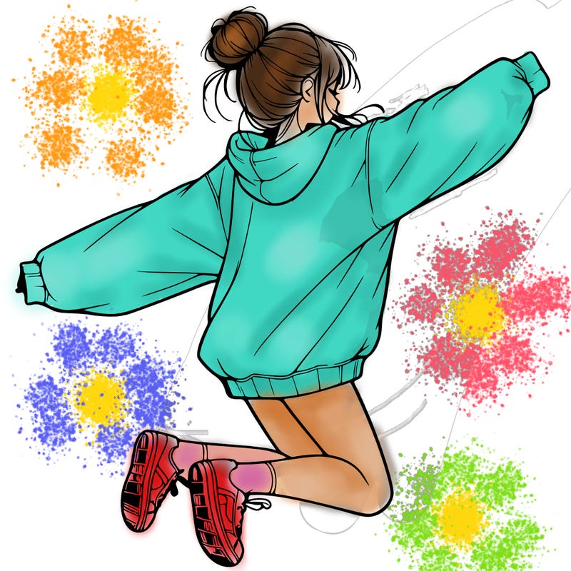realistic girl jumping with a bun and oversized sweatshirt