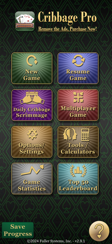 Main menu of the Cribbage Pro mobile app showing game modes like New Game and Multiplayer.
