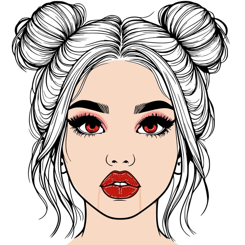 realistic girl with two buns on her hair and lips