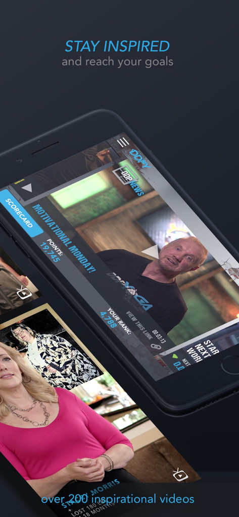 DDP Yoga app interface showing motivational videos and fitness transformation stories.