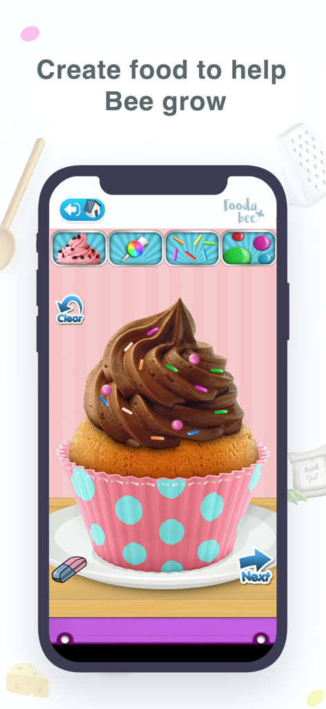 Foodabee: Virtual Pet for Kids - Decorating a chocolate cupcake with sprinkles in the Foodabee kids app