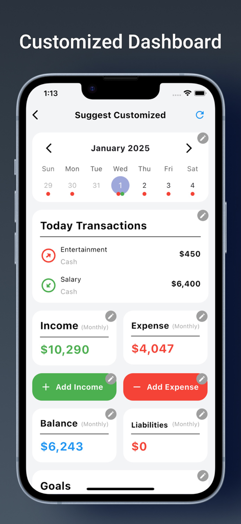 Anpassbares Finanz-Dashboard in der Money Manager App, das das monatliche Einkommen und die Ausgaben anzeigt