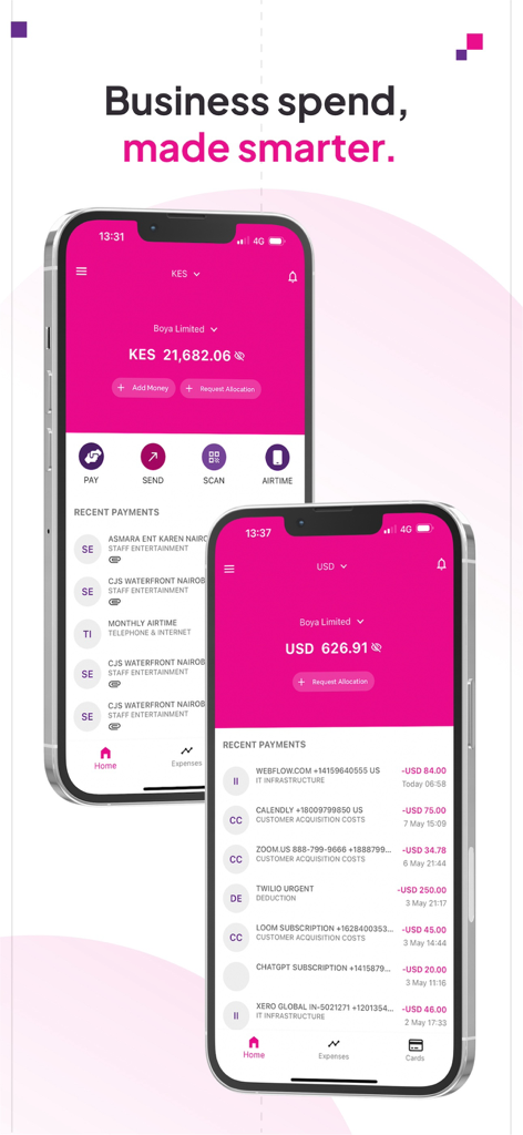 Boya - Interfaz de la aplicación Boya en dos iPhones mostrando el panel de gastos empresariales y el historial de transacciones
