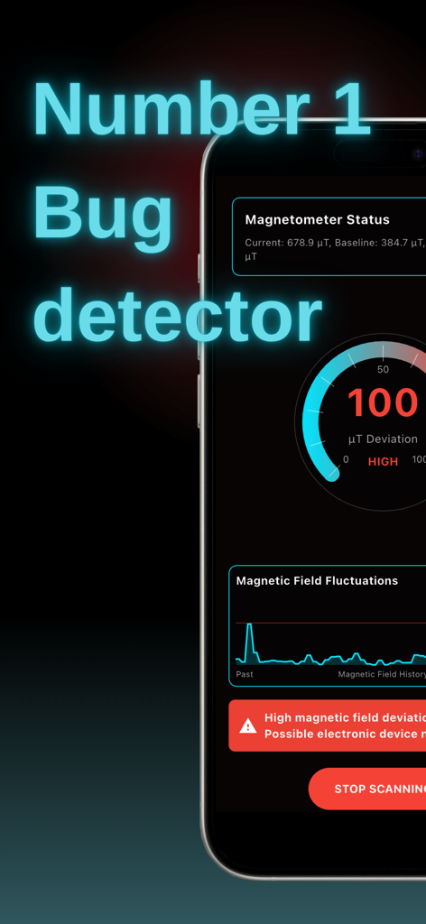 Hidden Microphone Detector SM - SpyMic app interface showing high magnetic field deviation during a hidden device scan