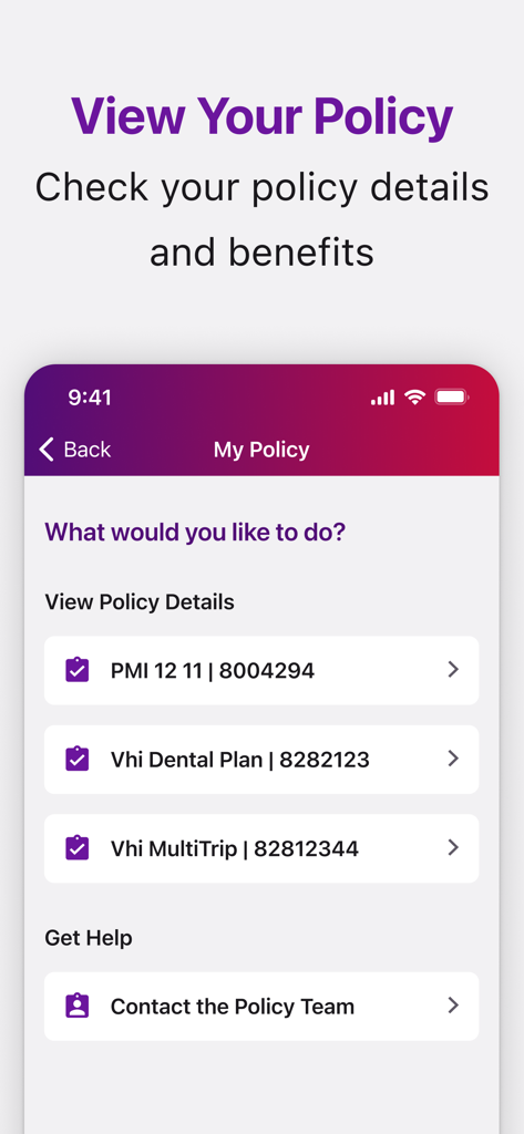 Vhi mobile app screen showing policy details and insurance plan options