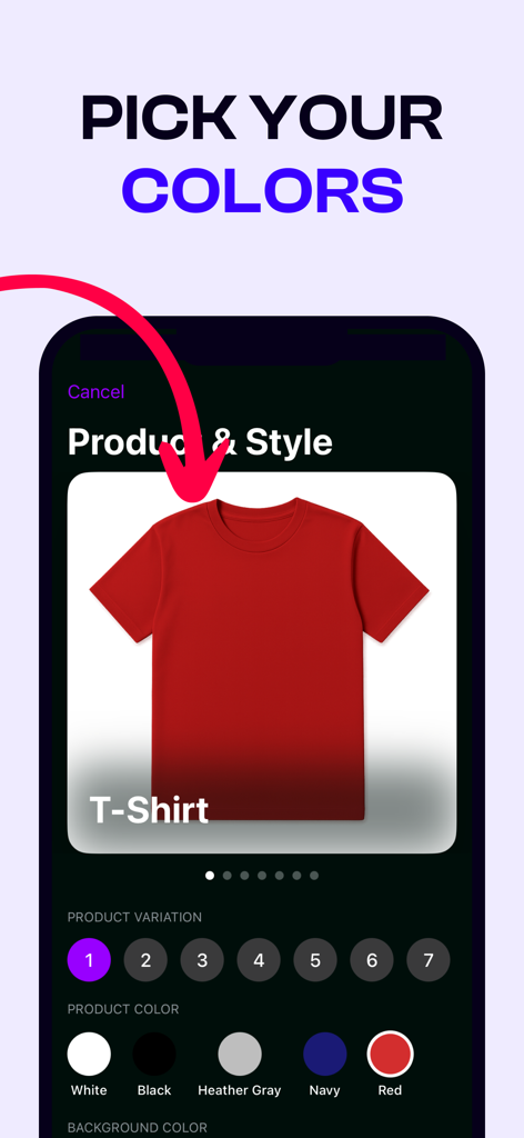 Mockup Creator - 빨간색 티셔츠 목업의 색상 선택 옵션을 보여주는 목업 크리에이터 앱 인터페이스