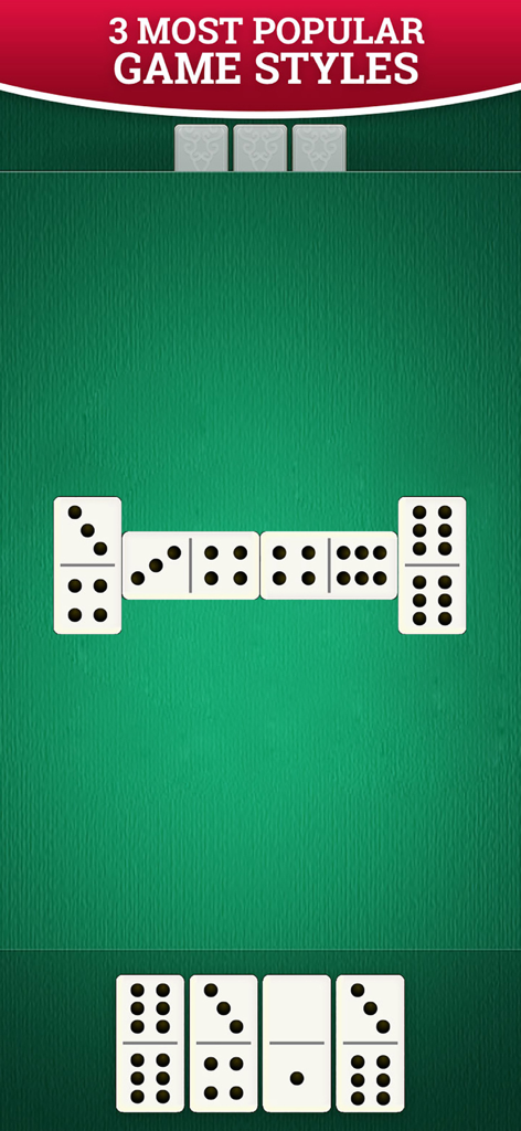 Captura de pantalla de la aplicación móvil Dominoes Master que muestra un tablero de juego con fichas de dominó blancas sobre un fondo verde y el texto del encabezado Los 3 estilos de juego más populares