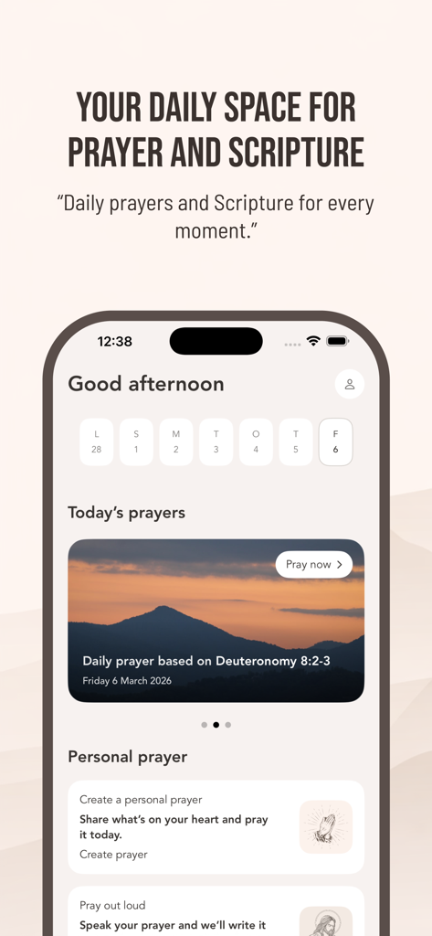 Uno screenshot della schermata principale dell'app Pray che mostra le preghiere quotidiane e le selezioni di scritture