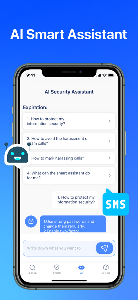 Caller ID:Reverse Phone Lookup - Interface of the AI Smart Assistant in the Caller ID app showing security tips and an automated chat support system for call protection.