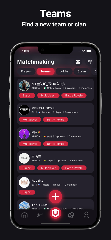 Universe Meta - Mobile app interface of Universe Meta showing a list of competitive gaming teams and clans for matchmaking.
