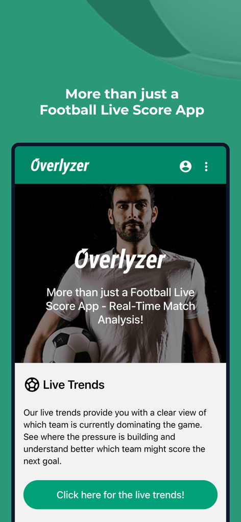 Interfaz de la aplicación Overlyzer que muestra análisis de partidos de fútbol en vivo e información de tendencias en tiempo real