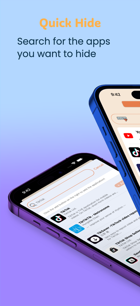 Search interface in Quick Hide for finding and hiding apps on a mobile device