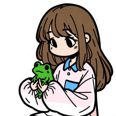 girl with long hair and a oversized shirt. and she is holding a frog