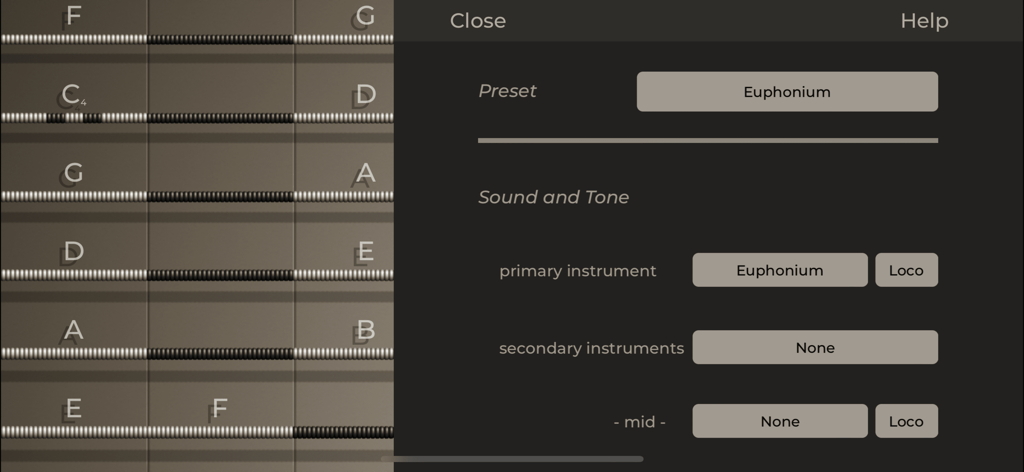 iFretless Brass - iFretless Brass app interface showing sound settings for the euphonium preset and the fretless string interface