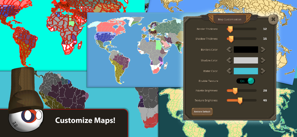 Countryballs at War - A screenshot of the map customization menu in Countryballs at War showing sliders for border thickness and color options