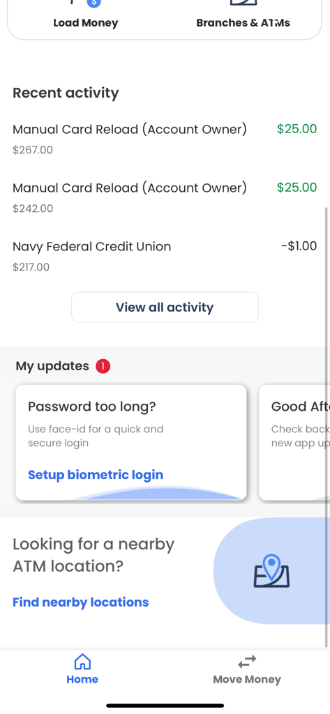 Navy Federal GO Prepaid app home screen showing recent card reloads and ATM location finder